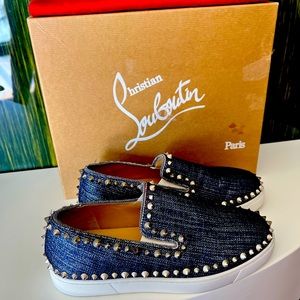 Christian Louboutin denim spike sneaker slide flat